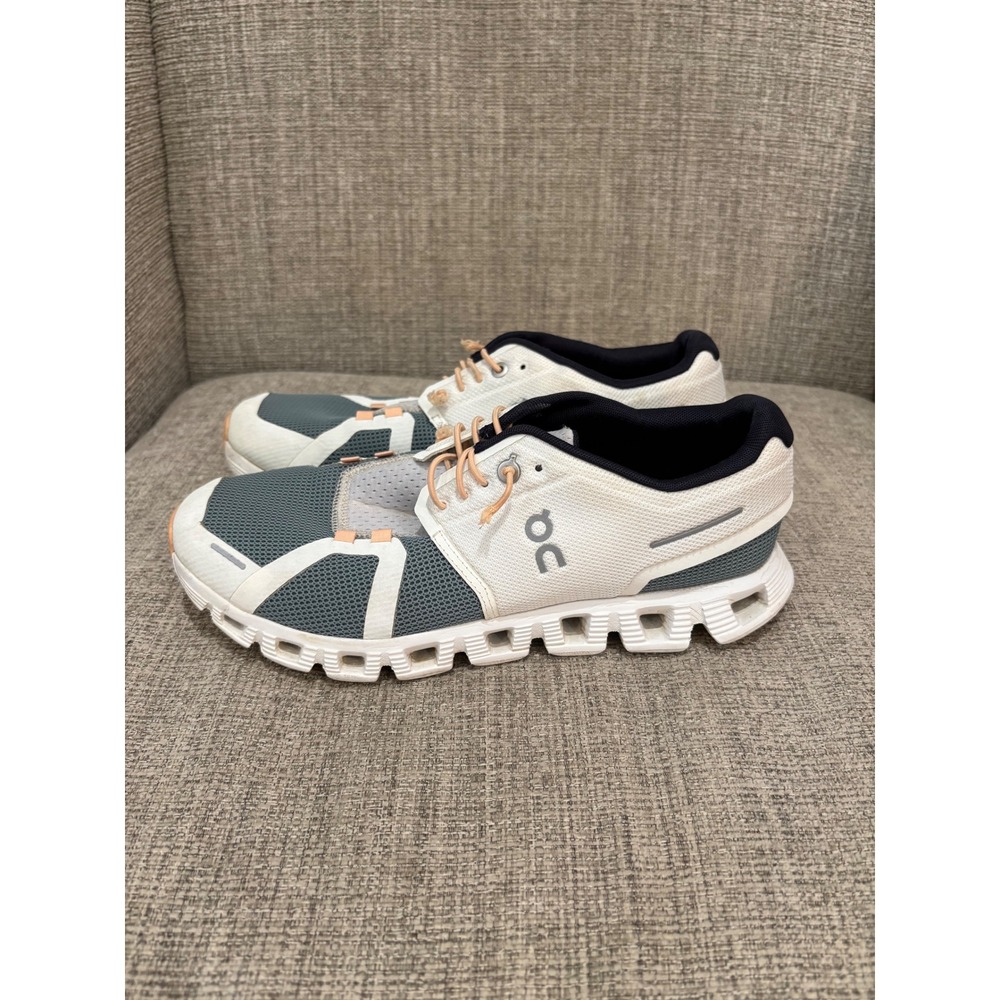 On Cloud 5 Running Shoes White Green/Grey Peach Women 8.5